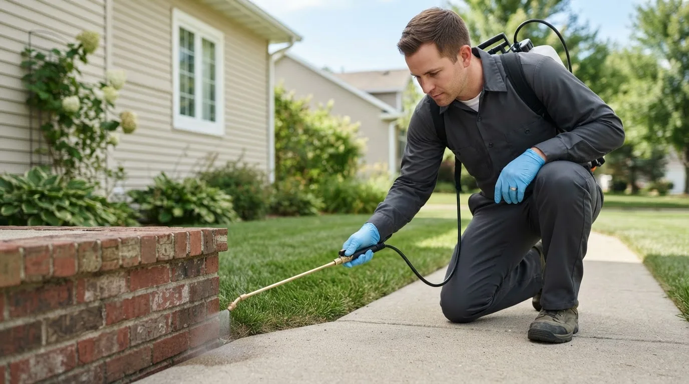 Pest control technician treating a home near Stark City, MO