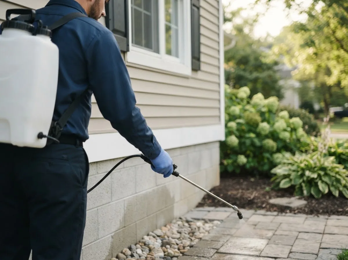 Pest control technician inspecting a home in Stark City, MO